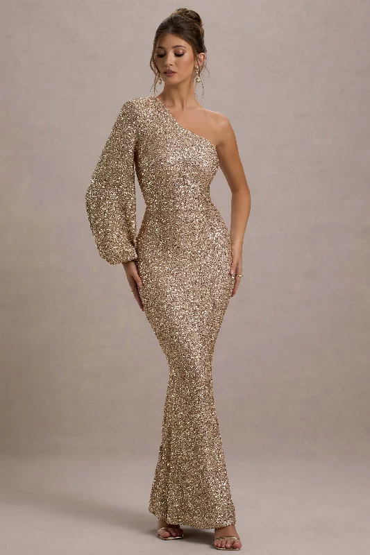 Buy Now Aven | Gold Sequin Asymmetric Puff-Sleeve Maxi Dress