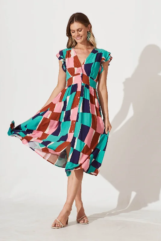 Shop and Save Rita Midi Dress In Multi Abstract Squares Print