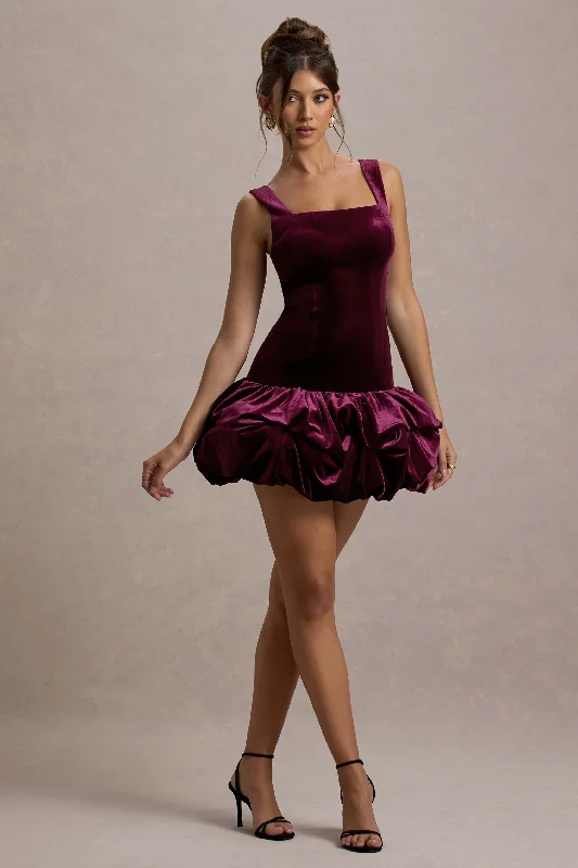Don't Wait Sutton | Port Velvet Square-Neck Ruffle-Hem Mini Dress