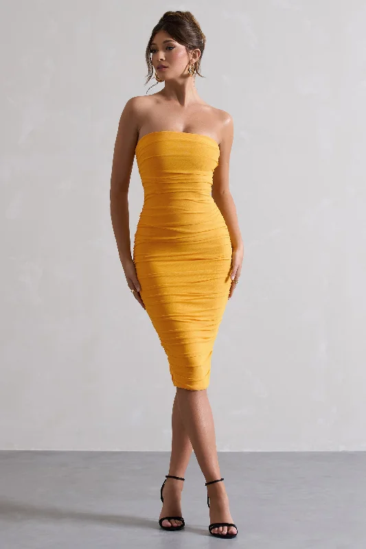 Buy Now My Girl | Mango Strapless Bodycon Ruched Mesh Midi Dress