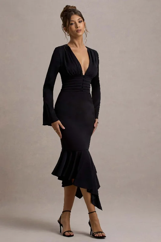 Final Markdown Rehna | Black Plunge-Neck Bell-Sleeve Midi Dress