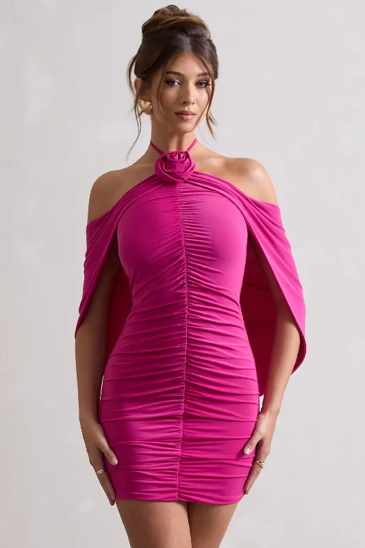 Super Sale Adriana | Dark Pink Ruched Halter-Neck Draped Mini Dress With Corsage