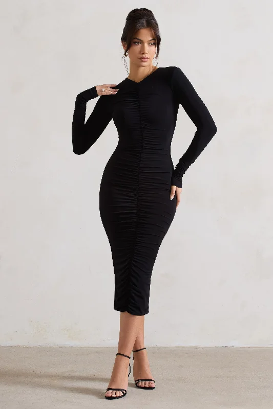 Massive Deals Monique | Black Ruched Bodycon Midi Dress