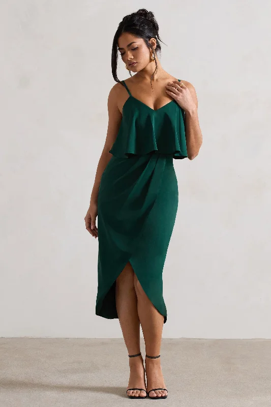 Year-End Sale Faro | Bottle Green Strappy Draped-Neck Wrap Midi Dress