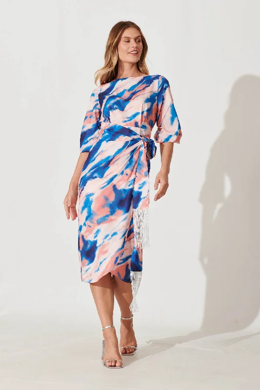 Year-End Clearance Romania Midi Dress In Pink And Blue Watercolour