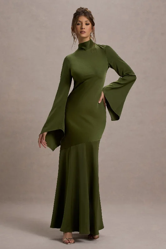 Final Clearance Veena | Olive Green Satin High-Neck Maxi Dress