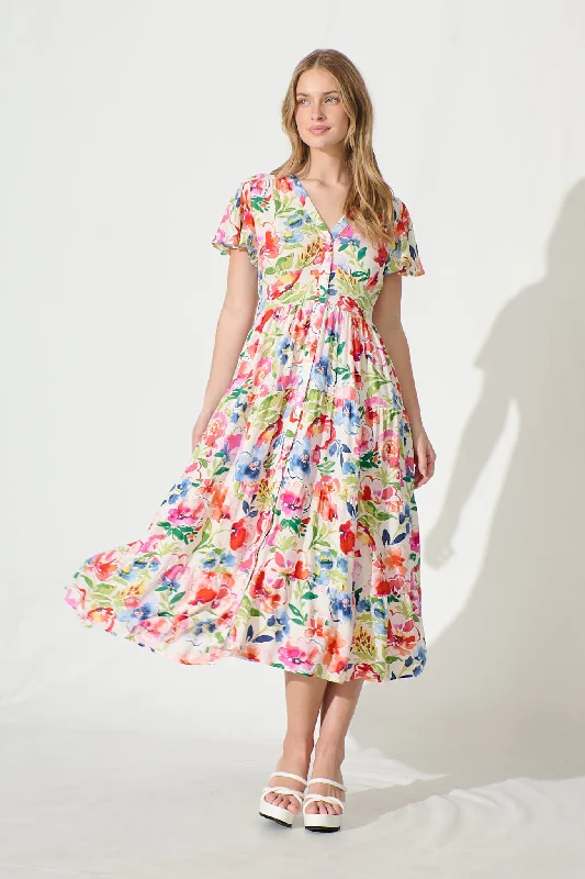Huge Discounts Beautiful Lover Midi Dress in White with Bright Floral