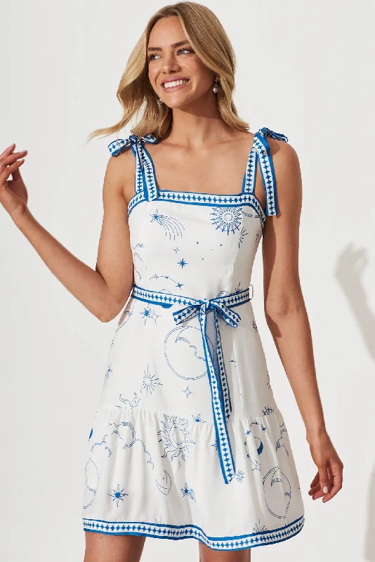 Special Buy Skydancer Sundress In Blue Celestial Print Linen Blend