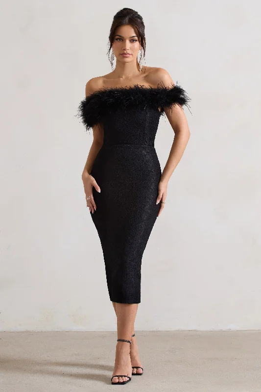 Warehouse Sale Maiden | Black Lace Bardot Midi Dress With Feather Trim