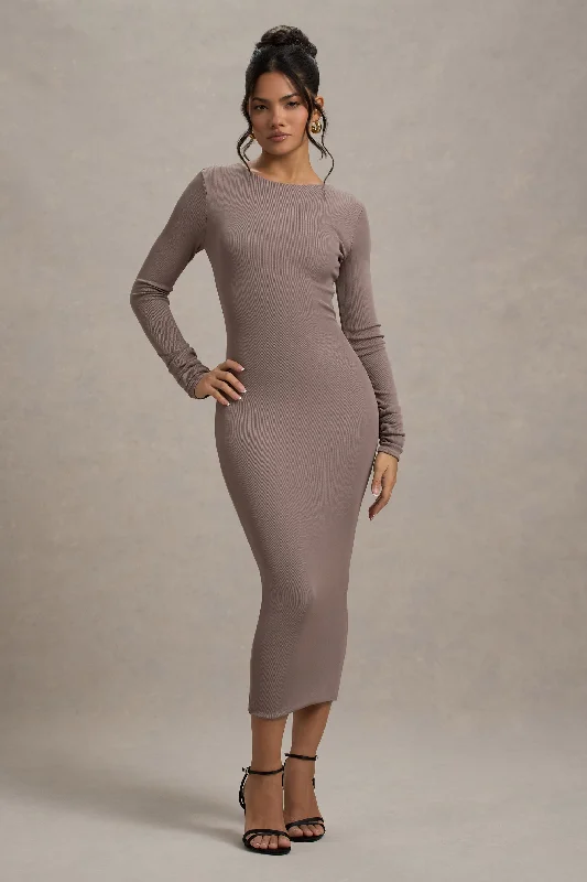Super Deal Madden | Taupe Rib Knit Cowl-Back Midi Dress