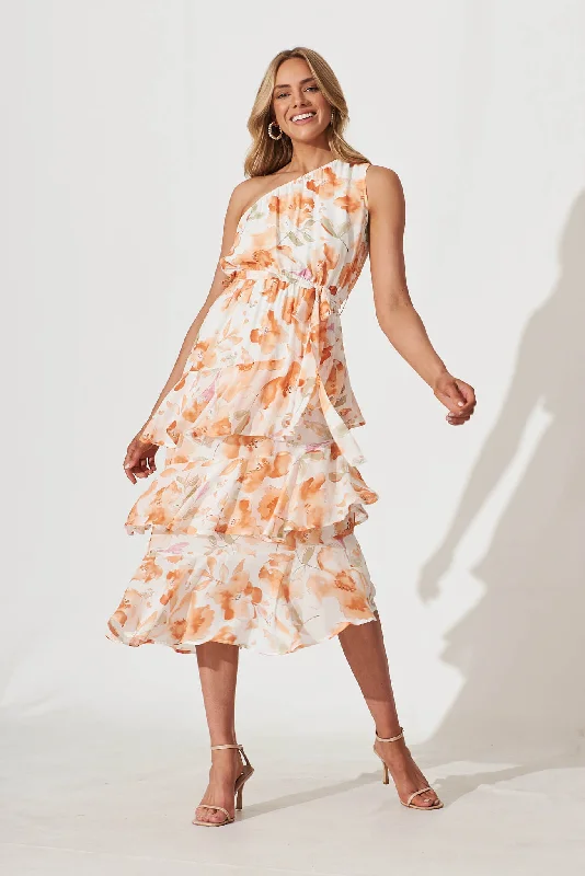 Unmissable Offer Barnett One Shoulder Midi Dress In White With Orange Floral