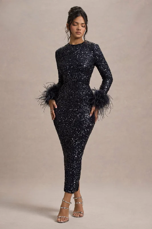 Seasonal Clearance Analina | Navy Sequin Long-Sleeved Midi Dress With Feather Cuffs