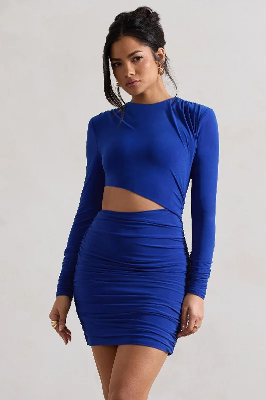 Limited Stock Tana | Royal Blue Ruched Bodycon Long Sleeve Cut-Out Mini Dress