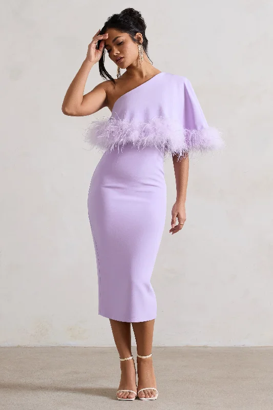 Price Meltdown Victory | Lilac One Shoulder Midi Dress With Feather Trim