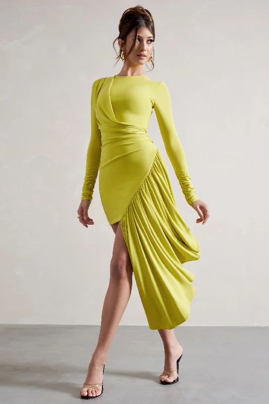 Online Specials Tate | Lime Green Long-Sleeve Wrap Mini Dress With Drape