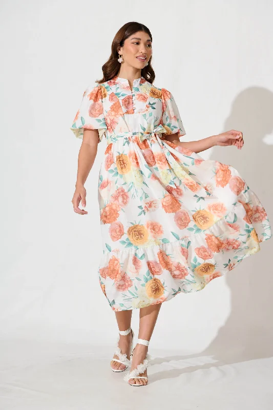 Daily Specials Portofino Midi Dress In White With Rust Floral Cotton Blend