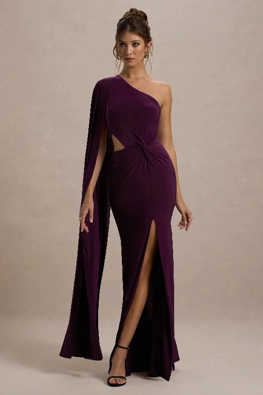 Early Access Brona | Plum One-Shoulder Cape-Sleeve Split Maxi Dress