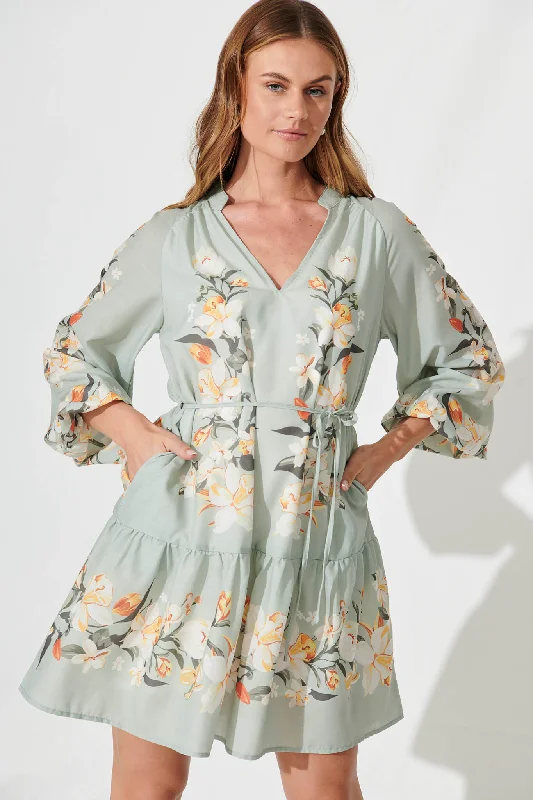Today's Special Niko Dress In Sage Green Placement Floral Cotton Blend