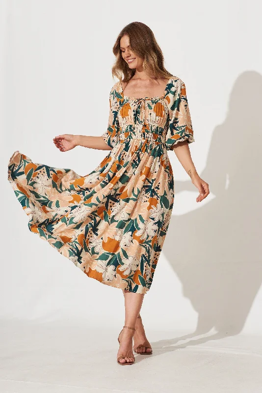 Friends and Family Sale Lani Midi Dress In Multi Floral Bamboo Rayon