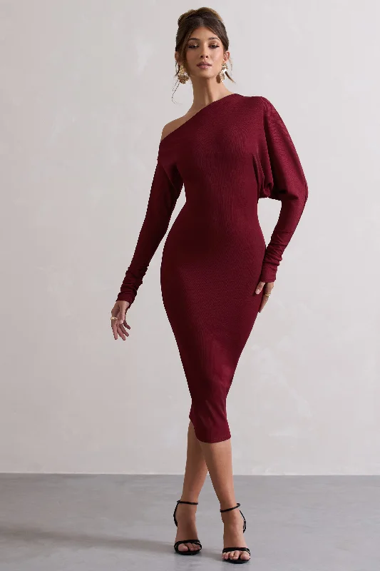 Best Seller Thora | Berry Rib Knit One-Shoulder Midi Dress
