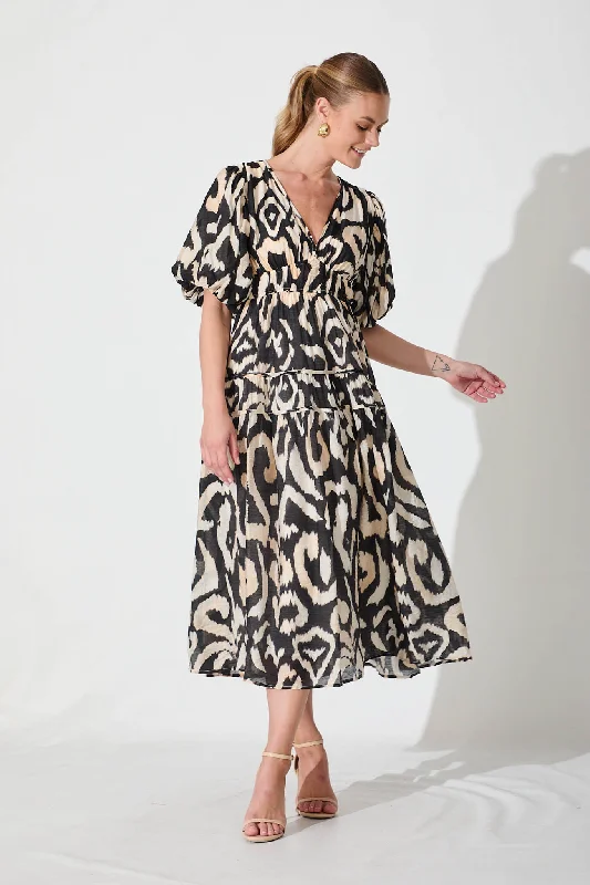 Limited Time Amalie Midi Dress In Black With Cream Abstract