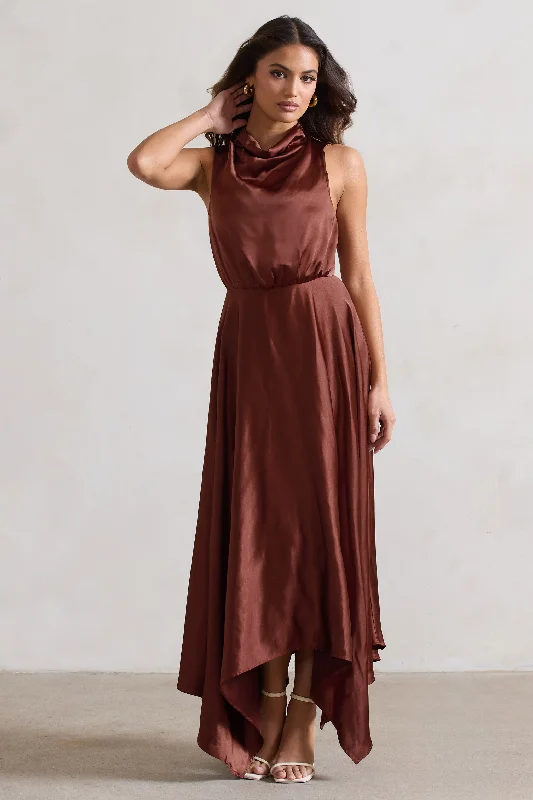 Super Savings Kerri | Chocolate Brown Satin Cowl-Neck Maxi Dress