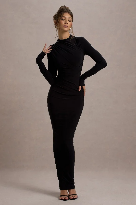 Stock Clearance Hespera | Black High-Neck Long-Sleeve Gathered Maxi Dress