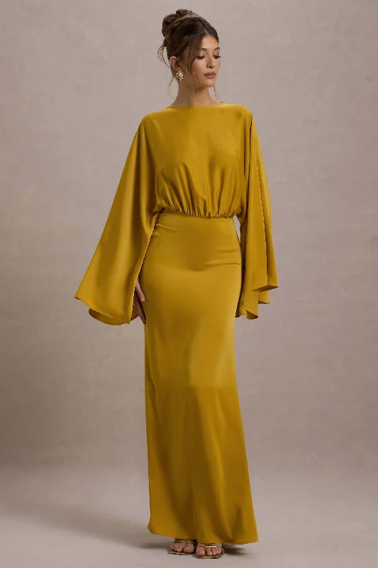 Massive Deals Zuzanna | Mustard Draped Maxi Dress With Cape Sleeves