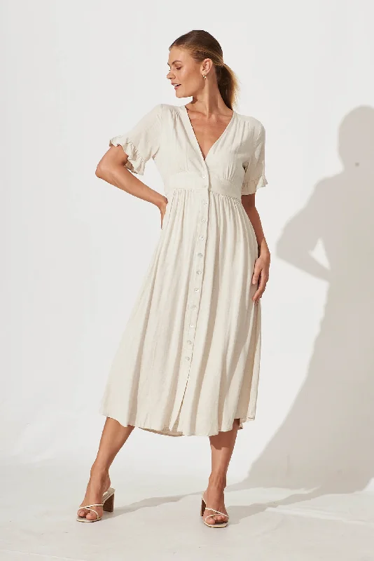Don’t Miss Out Aire Midi Dress In Oatmeal Linen