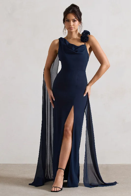 Price Buster Angeline | Navy Chiffon Draped Split Maxi Dress With Corsages