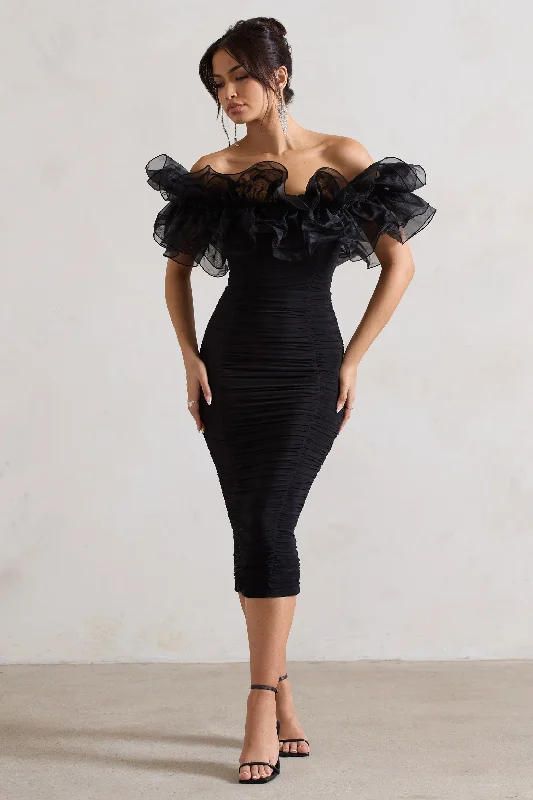 Discount Days Ladylike | Black Ruched Bardot Midi Dress With Organza Trim