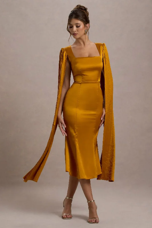 Exclusive Access Nalda | Mustard Square-Neck Midi Dress With Cape Sleeves