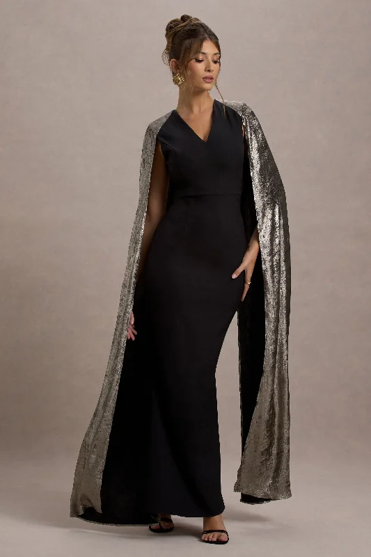 Flash Sale Ilenia | Black V-Neck Maxi Dress With Metallic Cape