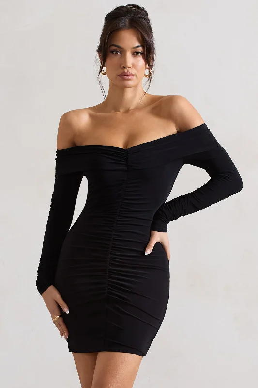 Unbeatable Prices Leola | Black Ruched Bodycon Bardot Long Sleeve Mini Dress