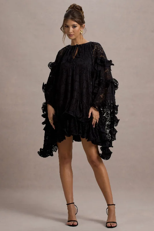 Blowout Deals Arlington | Black Lace Cape-Sleeve Mini Dress