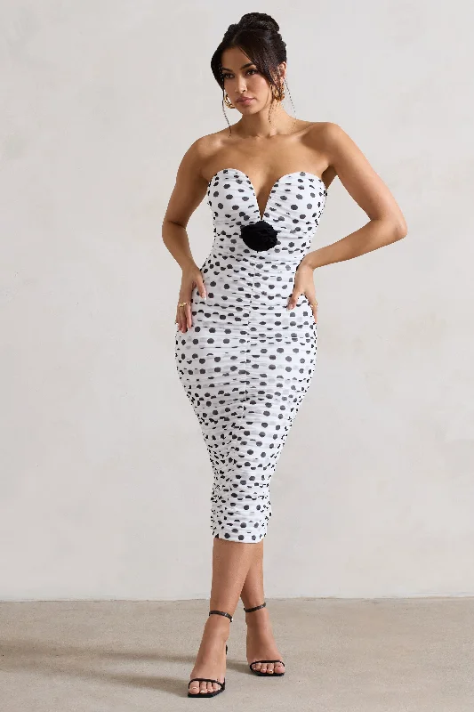 Super Sale Taken | White Polka Dot Ruched Mesh Midi Dress With Corsage