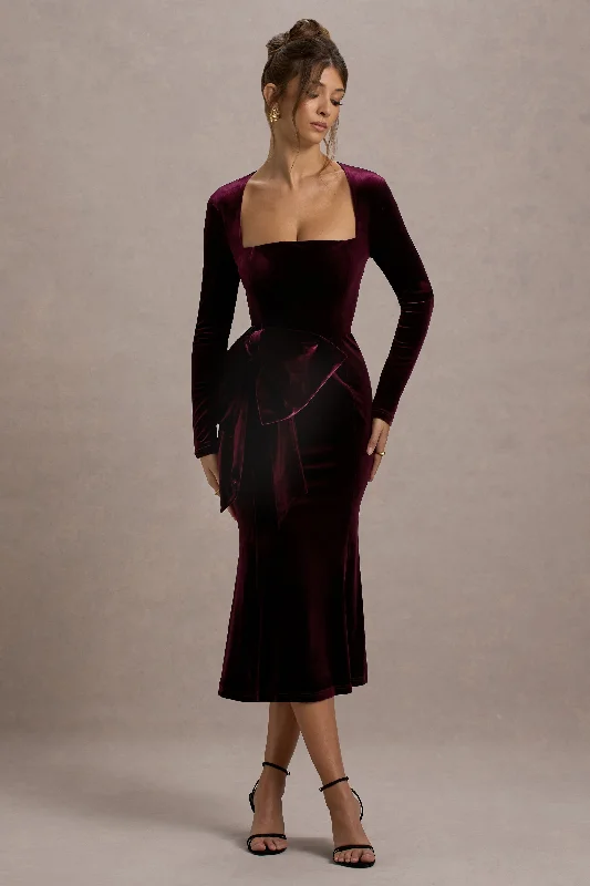 Epic Deals Gemima | Port Velvet Square-Neck Midi Dress With Bow