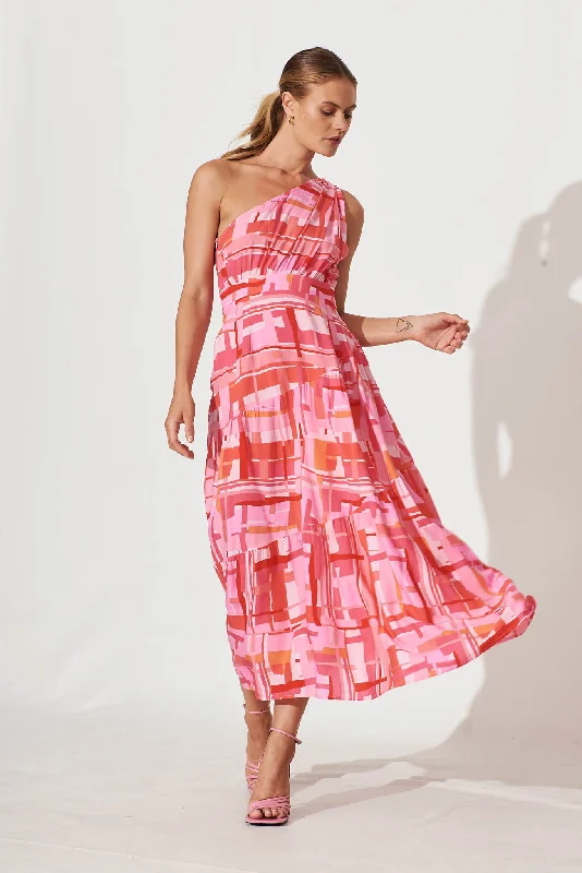 Overstock Sale November Rain One Shoulder Maxi Dress In Pink Multi