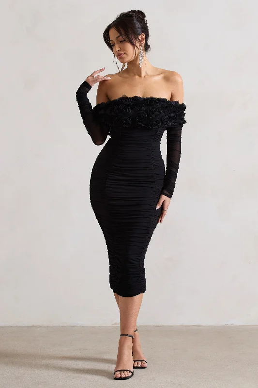 Year-End Clearance Sierra | Black Mesh Ruched Floral Bardot Lace-Up Midi Dress