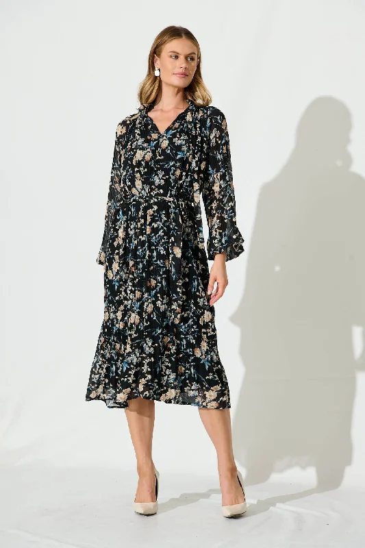 Steals and Deals Honolulu Midi Dress In Black Multi Floral Pleated Chiffon