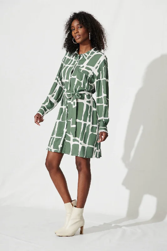 Members Only Paltrow Shirt Dress In Khaki And Ivory Geometric Linen Blend