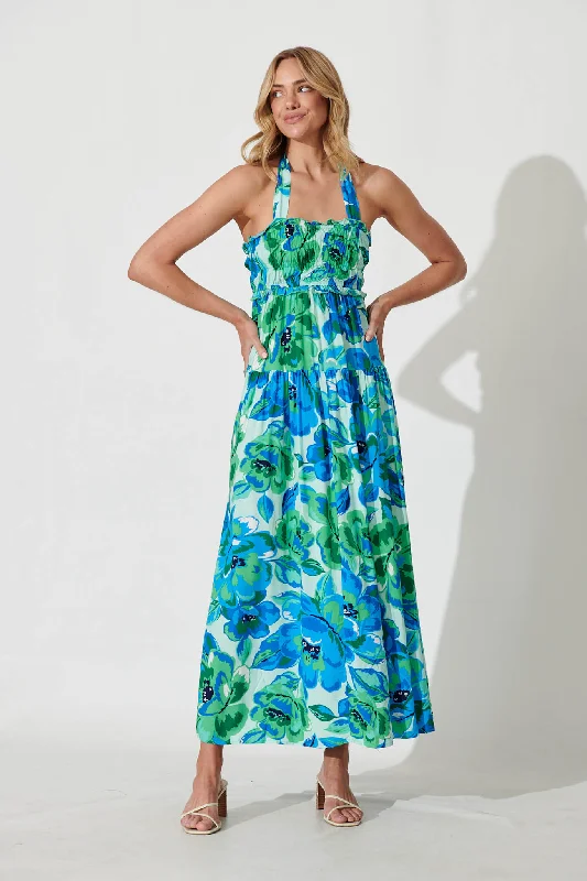Mega Deal Luisa Maxi Sundress In Blue With Green Floral