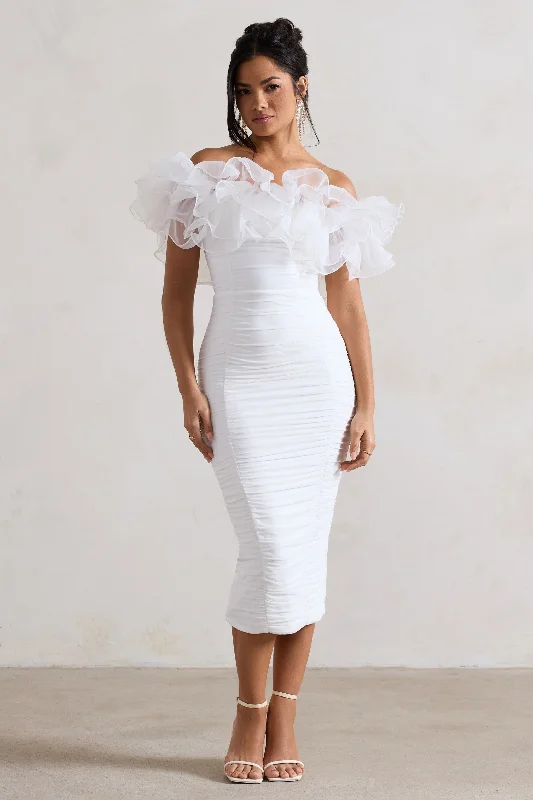 Price Fest Ladylike | White Ruched Bardot Midi Dress With Organza Trim