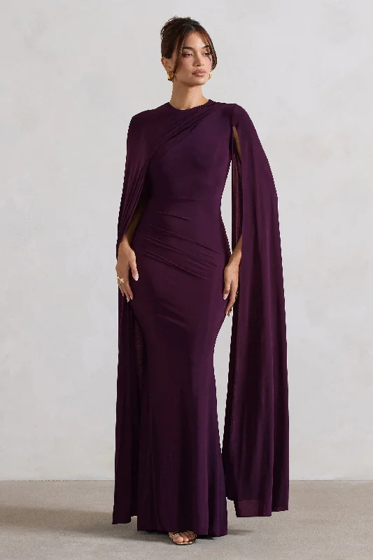 Discount Extravaganza Magdelena | Plum Asymmetric Cape Maxi Dress