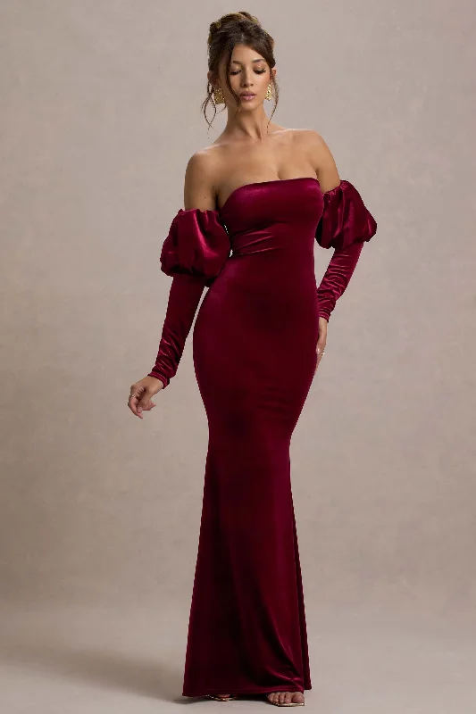 Deal of the Week Neoma | Berry Velvet Bardot Puff-Sleeve Maxi Dress
