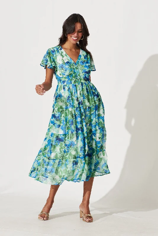 Grand Opening Sale Beautiful Lover Midi Dress In Green Floral Lurex Chiffon