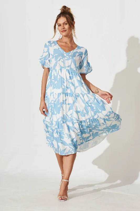 Clearance Sale Kristen Midi Smock Dress In White With Blue Floral Linen Blend