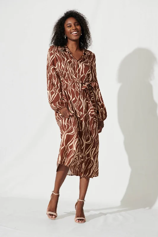 Factory Direct Sale Pam Midi Shirt Dress In Chocolate And Champagne Cotton Blend