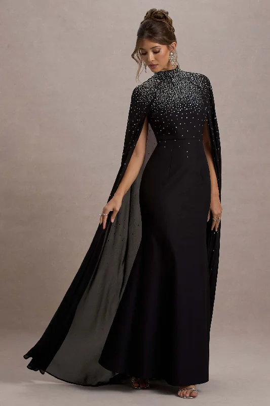 While Supplies Last The Shallows | Black Embellished High-Neck Maxi Dress With Chiffon Cape
