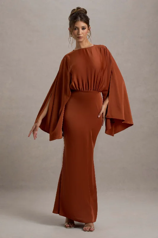 New Markdowns Zuzanna | Rust Draped Maxi Dress With Cape Sleeves